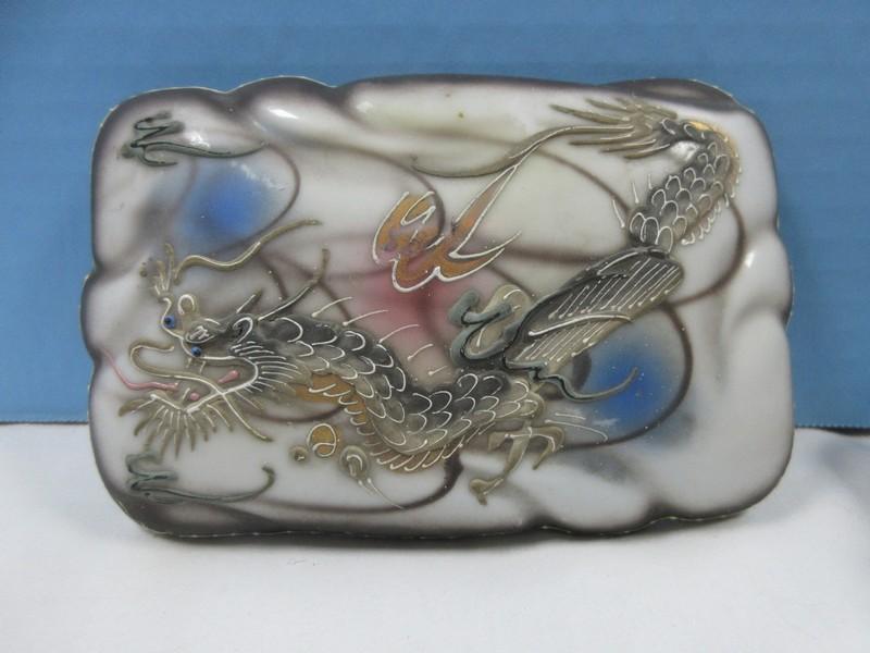 3pcs Porcelain Moriage Dragonware Design 6 1/2" Vase & Rectangular Vanity Dresser Trinket Box