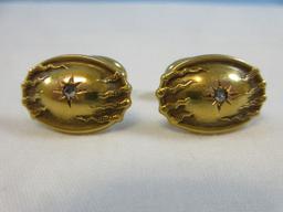 Pair 14kt Gold Cuff Links Art Nouveau Starburst w/Center Diamond