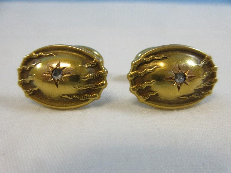 Pair 14kt Gold Cuff Links Art Nouveau Starburst w/Center Diamond
