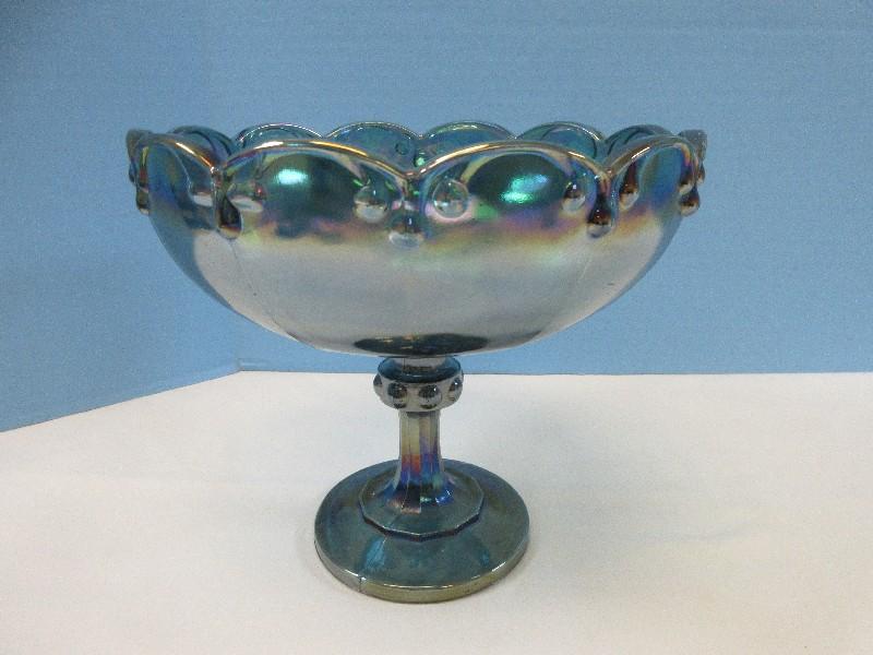 Indiana Blue Carnival Pressed Glass Garland Pattern Scalloped Edge Teardrop Design 7 1/2"