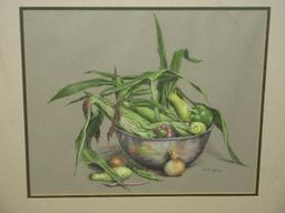 Still Life End of Summer Harvest Original Botanical Pastel Artwork Medium Signed Etta Young