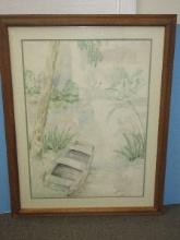 Small Boat on Tranquil Body of Water w/Red/White Bobber Caught on Limb Original Water Color
