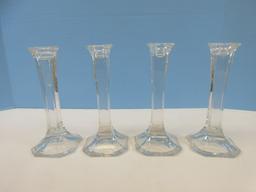 Set of 4 Crystal Taper 7" Candlesticks Contemporary Style Square Stem Cut-Shaped Top