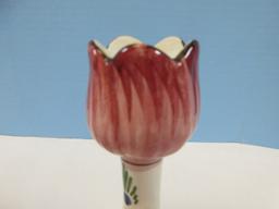 2 Polychrome Delft Hand Painted Tulip Figural 6 1/2" Candlesticks Classic Design Made in Holland