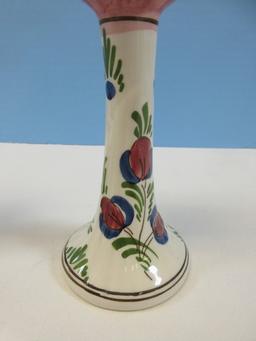 2 Polychrome Delft Hand Painted Tulip Figural 6 1/2" Candlesticks Classic Design Made in Holland