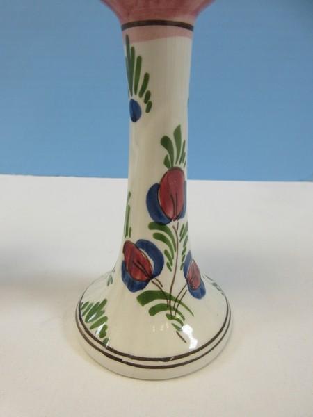 2 Polychrome Delft Hand Painted Tulip Figural 6 1/2" Candlesticks Classic Design Made in Holland