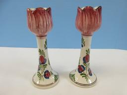 2 Polychrome Delft Hand Painted Tulip Figural 6 1/2" Candlesticks Classic Design Made in Holland