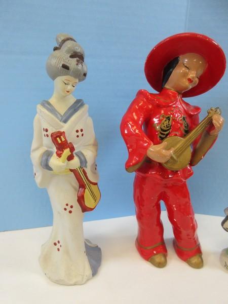 Asian Figurine Collection 10 1/2" Kreiss & Co. 1957 Music Man, Mud Man Fishing,3 Cizhoa Style