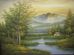 Serene Rural Cabin in Forest Cascading Waterfall Original Oil on Canvas Artist Signed in Ornately