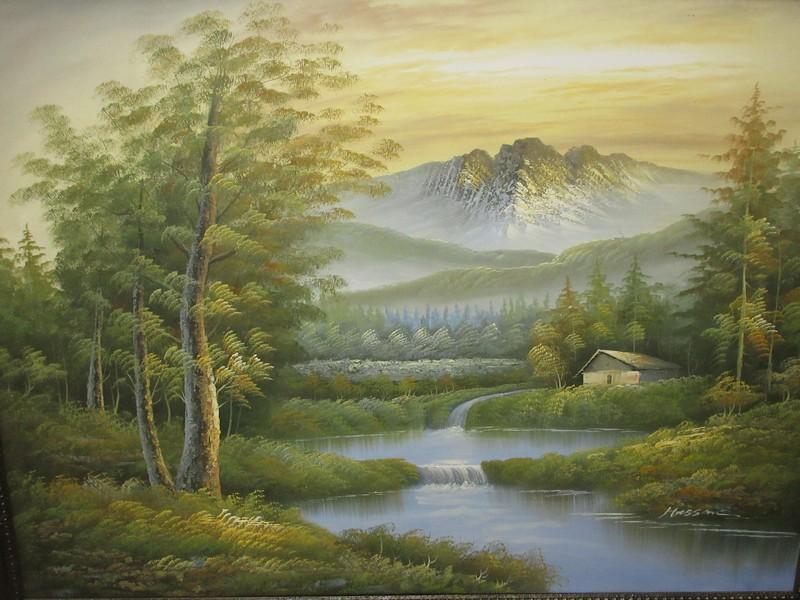Serene Rural Cabin in Forest Cascading Waterfall Original Oil on Canvas Artist Signed in Ornately
