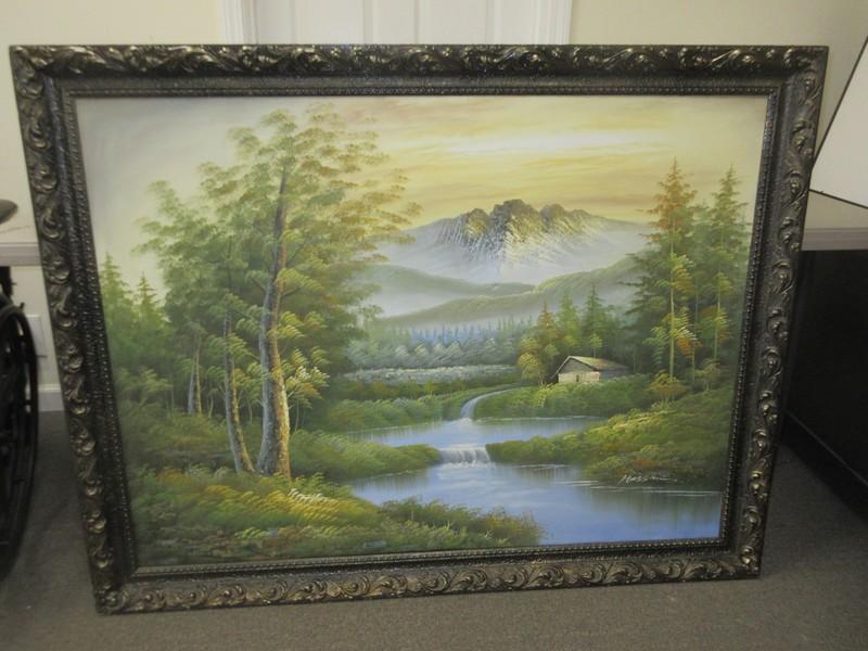 Serene Rural Cabin in Forest Cascading Waterfall Original Oil on Canvas Artist Signed in Ornately