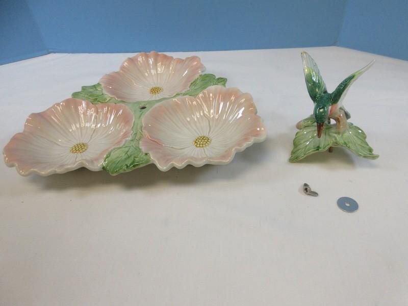 Fitz & Floyd Sculpted Hummingbird Collection 3 Part Relish Dish Bird & Flowers Design 1988-93