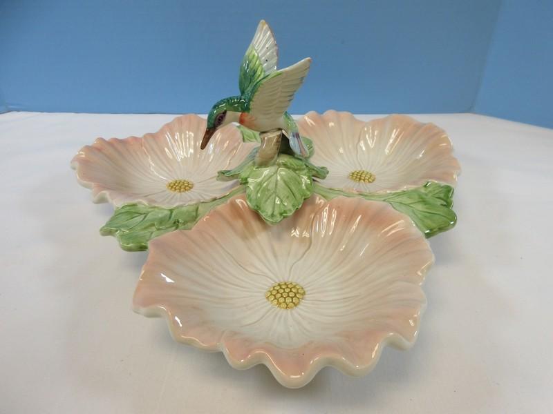 Fitz & Floyd Sculpted Hummingbird Collection 3 Part Relish Dish Bird & Flowers Design 1988-93