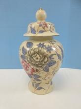 Beautiful Chinoiserie Chinese Porcelain 12 1/4" Ginger Jar & Lid Hand Painted Stem Floral Design