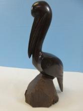 Rare Find Hand Carved Iron Wood 11 5/8" Pelican Sculpture Collectible Figural Sitting Bird