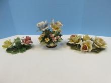 3 Hand Crafted Capodimonte Roses Pink/Yellow Rosebuds Candlestick, Trio Yellow/Pink Accent