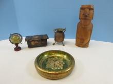 Lot Decorative Craft Florentia 7"D Trinket Dish, Carved Wooden moai Statuette 11" Replica of