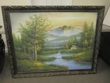 Serene Rural Cabin in Forest Cascading Waterfall Original Oil on Canvas Artist Signed in Ornately