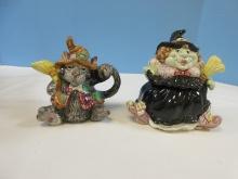 Fitz & Floyd Set pair Halloween Hoedown Whimsical Figure Cat Creamer & Witch Sugar Bowl w/