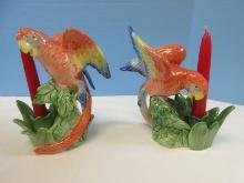 Fantastic Pair Fitz & Floyd Jungle Collection 7 5/8" Vibrant Colorful Figural Parrot & Foliage