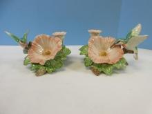 Fitz & Floyd Sculpted Hummingbird Collection Pair 4 3/4" Candlesticks Bird & Flower Design-