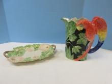 Fitz & Floyd Sculpted Hummingbird 11 3/4" Oval Canopy Tray & Jungle Figural Parrot Colorful