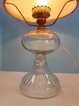 Vintage Pressed Glass Pedestal Converted Oil Lamp Milk Glass Red Ribbed Shade Clear Chimney