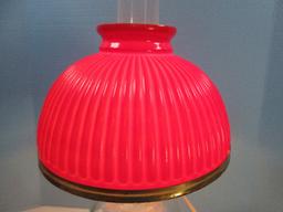 Vintage Pressed Glass Pedestal Converted Oil Lamp Milk Glass Red Ribbed Shade Clear Chimney