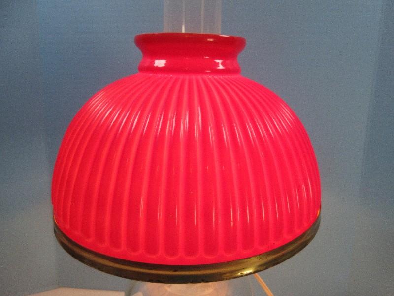 Vintage Pressed Glass Pedestal Converted Oil Lamp Milk Glass Red Ribbed Shade Clear Chimney