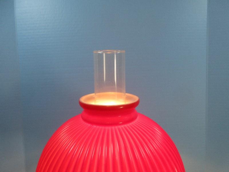 Vintage Pressed Glass Pedestal Converted Oil Lamp Milk Glass Red Ribbed Shade Clear Chimney