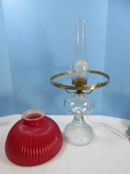 Vintage Pressed Glass Pedestal Converted Oil Lamp Milk Glass Red Ribbed Shade Clear Chimney