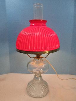 Vintage Pressed Glass Pedestal Converted Oil Lamp Milk Glass Red Ribbed Shade Clear Chimney