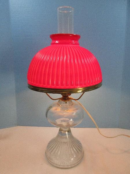 Vintage Pressed Glass Pedestal Converted Oil Lamp Milk Glass Red Ribbed Shade Clear Chimney