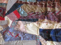 Early Old Neck Ties Crazy Quilt Pattern w/Crow's Foot Stitching on Front- Approx 81" x 68"