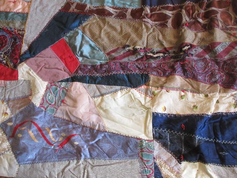 Early Old Neck Ties Crazy Quilt Pattern w/Crow's Foot Stitching on Front- Approx 81" x 68"