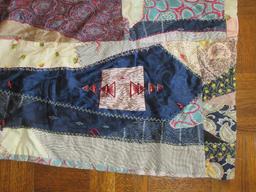 Early Old Neck Ties Crazy Quilt Pattern w/Crow's Foot Stitching on Front- Approx 81" x 68"
