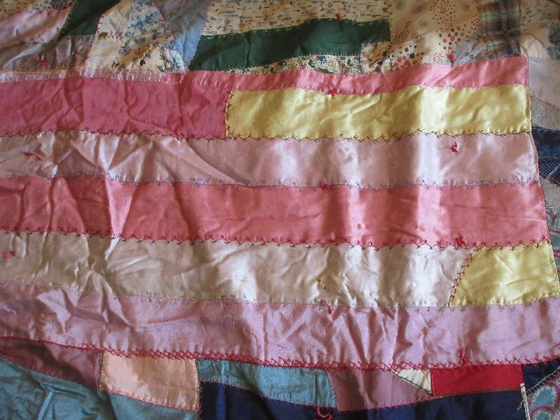 Early Old Neck Ties Crazy Quilt Pattern w/Crow's Foot Stitching on Front- Approx 81" x 68"