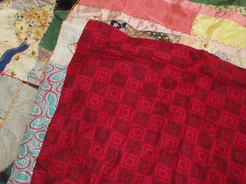 Early Old Neck Ties Crazy Quilt Pattern w/Crow's Foot Stitching on Front- Approx 81" x 68"