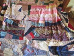 Early Old Neck Ties Crazy Quilt Pattern w/Crow's Foot Stitching on Front- Approx 81" x 68"