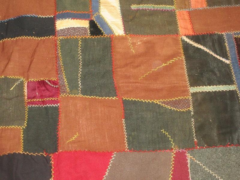 Antique Crazy Quilt Pattern Coverlet Crow's Foot Stitching on Front Made by Betty A. Hopkins