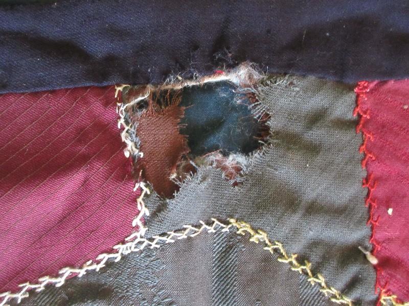 Antique Crazy Quilt Pattern Coverlet Crow's Foot Stitching on Front Made by Betty A. Hopkins