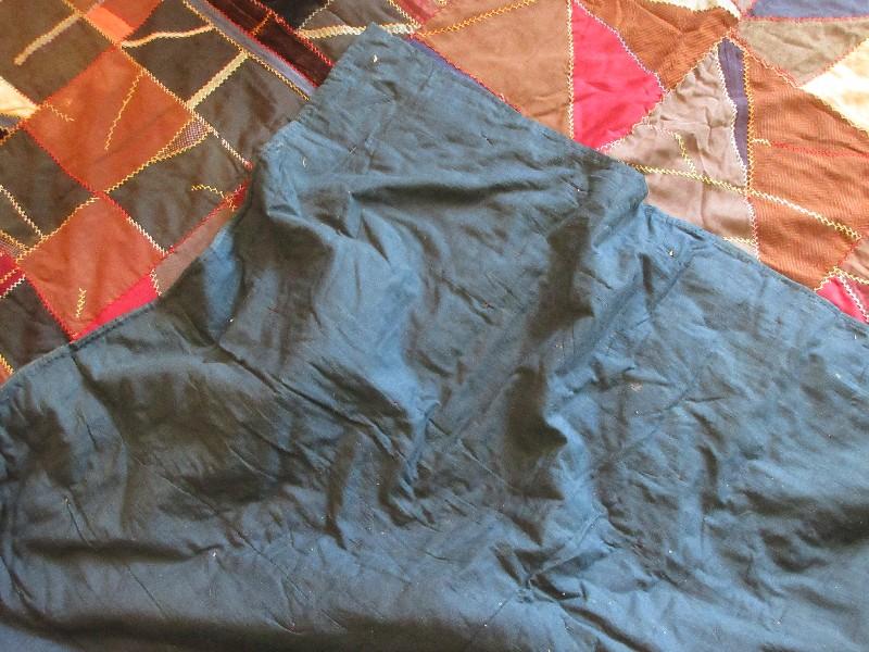 Antique Crazy Quilt Pattern Coverlet Crow's Foot Stitching on Front Made by Betty A. Hopkins