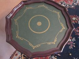 Fantastic Mahogany Finish 25"H Pedestal Pie Crust Wine Table/Green Faux Leather Tooled Top