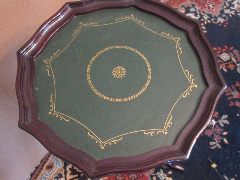 Fantastic Mahogany Finish 25"H Pedestal Pie Crust Wine Table/Green Faux Leather Tooled Top