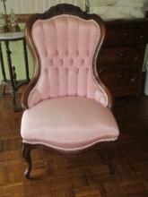 Opulent Victorian Era Style Parlor Ladies  Slipper Chair Tufted Mauve Highback Carved Grapevine