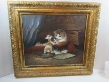 Adorable Mother Cat w/3 Kittens Realist Style Oil on Canvas Artwork in Elaborate Ornate