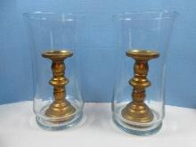 Pair 14" Blown Glass Footed Hurricane Footed Globe Shades w/9" Antique Gilt Patina Pillar