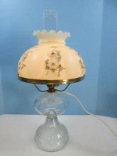 Vintage Pressed Glass Pedestal Converted Oil Lamp Panel Design w/Beautiful Wild Roses