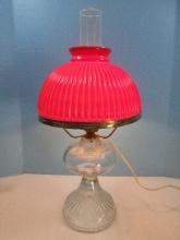 Vintage Pressed Glass Pedestal Converted Oil Lamp Milk Glass Red Ribbed Shade Clear Chimney