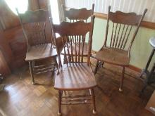 Set of 4 Early Oak Pressed Spindle Back Chairs on Turned Legs